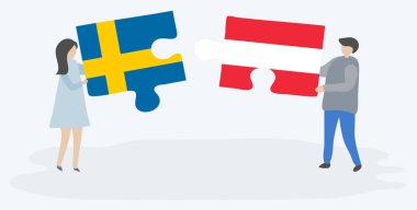 Çift İsveç ve Avusturya bayrakları ile iki bulmaca parçaları tutan. İsveç ve Avusturya ulusal sembolleri birlikte.