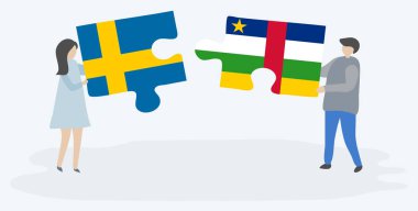 Çift İsveç ve Orta Afrika bayrakları ile iki bulmaca parçaları tutan. İsveç ve Orta Afrika Cumhuriyeti ulusal sembolleri birlikte.