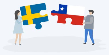 Çift İsveç ve Şili bayrakları ile iki bulmaca parçaları tutan. İsveç ve Şili ulusal sembolleri birlikte.