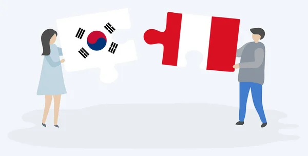 Dvojice Která Drží Dvě Skládanky Jihokorejskými Peruánskou Vlajkou Národní Symboly — Stockový vektor
