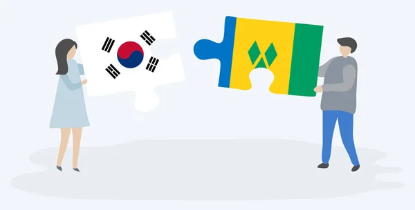 Para Trzyma Dwa Puzzle Kawałki Korei Południowej Wincentyńskiej Flagi Korea — Wektor stockowy
