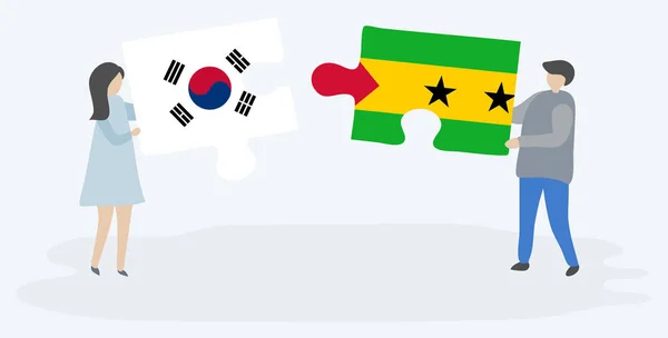 Paar Houden Twee Puzzels Stukken Met Zuid Koreaanse Sao Tomean — Stockvector
