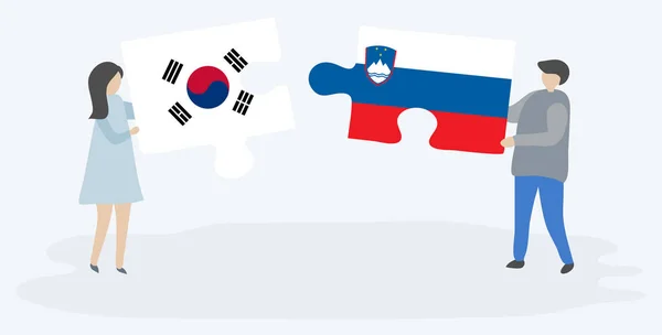 Para Trzymania Dwóch Puzzli Korei Południowej Słoweńskich Flag Korea Południowa — Wektor stockowy