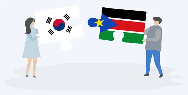 Para Trzymania Dwóch Puzzli Korei Południowej Południowej Sudanu Flagi Korea — Wektor stockowy