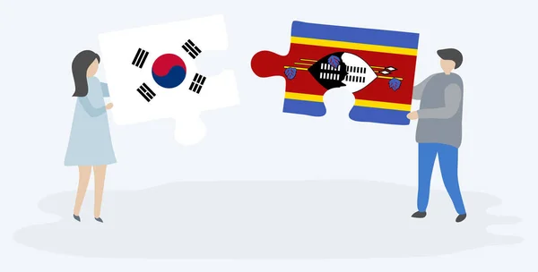 韓国とスワジの旗を持つ2つのパズルピースを持つカップル 韓国とスワジランドの国のシンボルが一緒に — ストックベクタ
