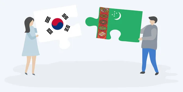 韓国とトルクメンの旗を持つ2つのパズルピースを持つカップル 韓国とトルクメニスタンのシンボル — ストックベクタ