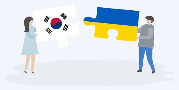 Para Trzyma Dwa Kawałki Puzzli Południowokoreańskich Ukraińskich Flag Korei Południowej — Wektor stockowy
