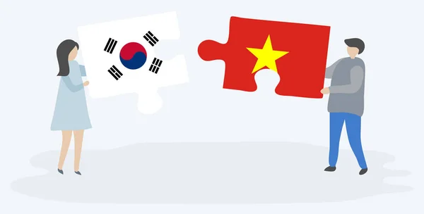 Paar Houden Twee Puzzels Stukken Met Zuid Koreaanse Vietnamese Vlaggen — Stockvector