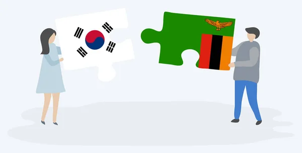 Para Trzymania Dwóch Puzzli Korei Południowej Zambii Flagi Korea Południowa — Wektor stockowy