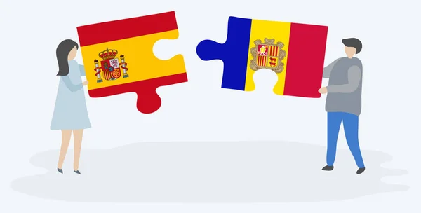 Couple Holding Two Puzzles Pieces Spanish Andorran Flags Spain Andorra — Stock Vector