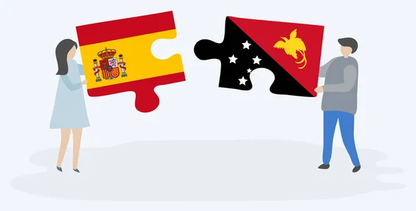 一对夫妇拿着两个拼图 上面挂着西班牙和巴布亚国旗 西班牙和巴布亚新几内亚国家符号在一起 — 图库矢量图片