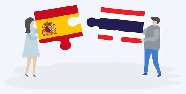 Couple Tenant Deux Pièces Puzzles Avec Des Drapeaux Espagnols Thaïlandais — Image vectorielle