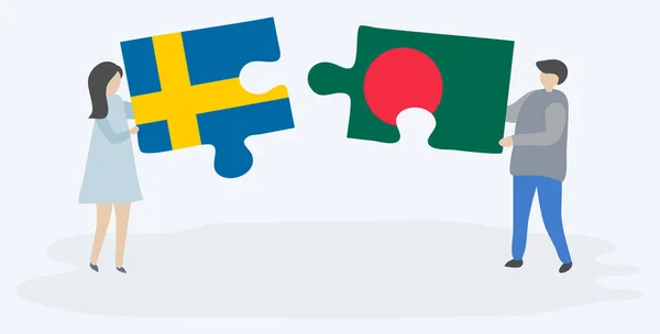 スウェーデンとバングラデシュの旗を持つ2つのパズルのピースを保持しているカップル スウェーデンとバングラデシュのシンボル — ストックベクタ
