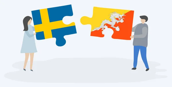 Paar Houden Twee Puzzels Stukken Met Zweedse Bhutanese Vlaggen Zweden — Stockvector