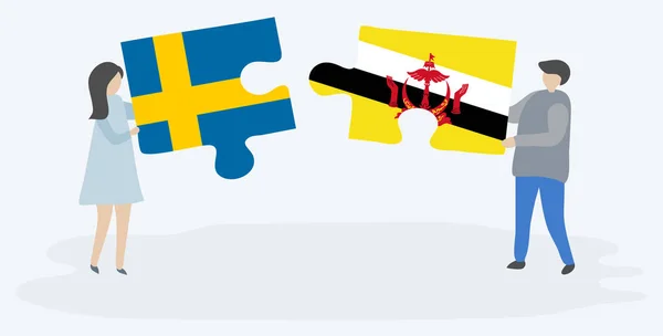 Ζευγάρι Που Κρατά Δύο Κομμάτια Παζλ Σουηδικά Και Bruneian Σημαίες — Διανυσματικό Αρχείο