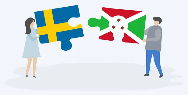 Par Som Innehar Två Pusselbitar Med Svenska Och Burundiska Flaggor — Stock vektor