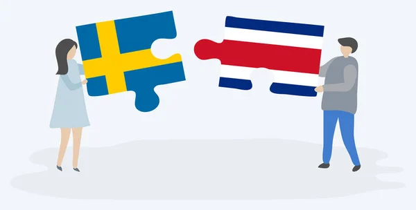 スウェーデンとコスタリカの旗を持つ2つのパズルのピースを保持しているカップル スウェーデンとコスタリカのシンボル — ストックベクタ