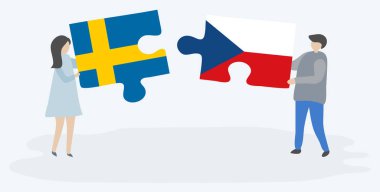 Çift İsveç ve Çek bayrakları ile iki bulmaca parçaları tutan. İsveç ve Çek Cumhuriyeti ulusal sembolleri birlikte.