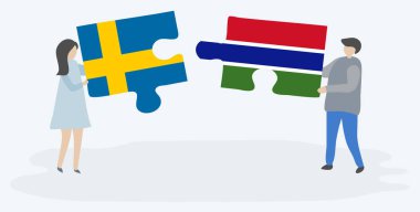 Çift İsveç ve Gambiya bayrakları ile iki bulmaca parçaları tutan. İsveç ve Gambiya ulusal sembolleri birlikte.