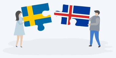 Çift İsveç ve İzlanda bayrakları ile iki bulmaca parçaları tutan. İsveç ve İzlanda ulusal sembolleri birlikte.