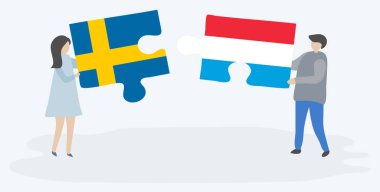 Çift İsveç ve Lüksemburg bayrakları ile iki bulmaca parçaları tutan. İsveç ve Lüksemburg ulusal sembolleri birlikte.