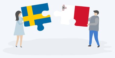 Çift İsveç ve Malta bayrakları ile iki bulmaca parçaları tutan. İsveç ve Malta ulusal sembolleri birlikte.