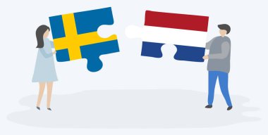 Çift İsveç ve Hollanda bayrakları ile iki bulmaca parçaları tutan. İsveç ve Hollanda ulusal sembolleri birlikte.