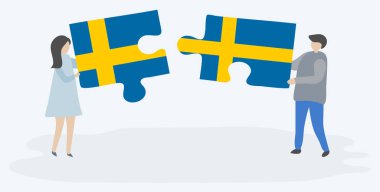 Çift İsveç ve İsveç bayrakları ile iki bulmaca parçaları tutan. İsveç ve İsveç ulusal sembolleri birlikte.