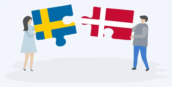 Paar Mit Zwei Puzzleteilen Mit Schwedischer Und Dänischer Flagge Schweden — Stockvektor