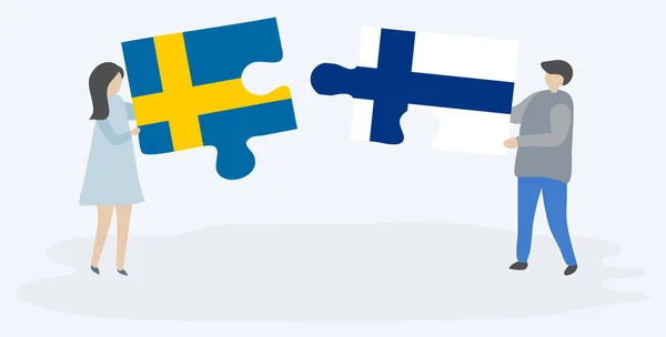 Couple Holding Two Puzzles Pieces Swedish Finnish Flags Sweden Finland — Stock Vector