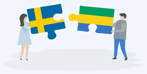 スウェーデンとガボンの旗を持つ2つのパズルピースを保持しているカップル スウェーデンとガボンの国のシンボル — ストックベクタ