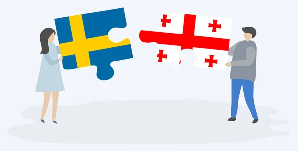 Couple Holding Two Puzzles Pieces Swedish Georgian Flags Sweden Georgia — Stock Vector