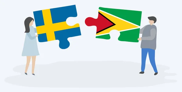 Ζευγάρι Που Κρατάει Δύο Κομμάτια Παζλ Σουηδικές Σημαίες Εθνικά Σύμβολα — Διανυσματικό Αρχείο