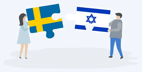 Casal Segurando Duas Peças Quebra Cabeças Com Bandeiras Suecas Israelenses —  Vetores de Stock