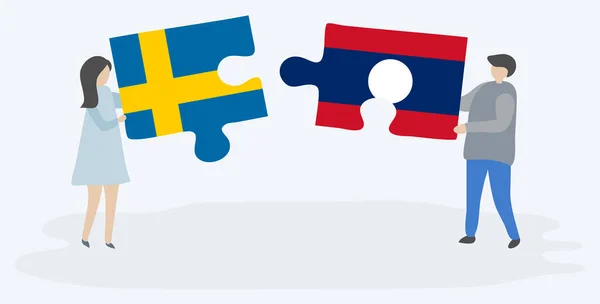 Néhány Holding Két Rejtvények Darab Svéd Lao Zászlók Svédország Laosz — Stock Vector