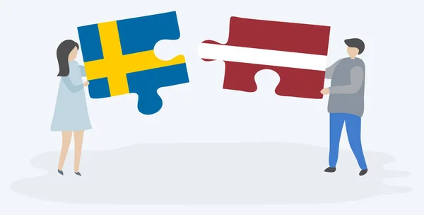 スウェーデンとラトビアの旗を持つ2つのパズルのピースを保持しているカップル スウェーデンとラトビアのシンボルが一緒に — ストックベクタ