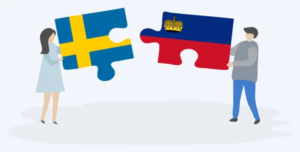 Par Som Innehar Två Pusselbitar Med Svenska Och Liechtensteins Flaggor — Stock vektor