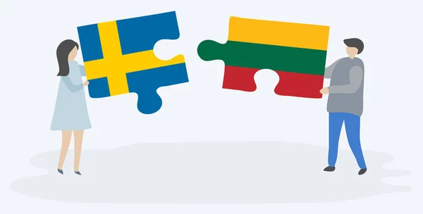 Par Som Innehar Två Pusselbitar Med Svenska Och Litauiska Flaggor — Stock vektor