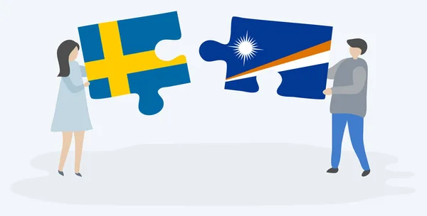 Пара Держащая Две Головоломки Шведскими Маршальскими Флагами Швеция Маршалловы Острова — стоковый вектор