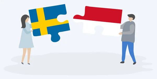 Ζευγάρι Που Κρατά Δύο Κομμάτια Παζλ Σημαίες Σουηδίας Και Μονακό — Διανυσματικό Αρχείο