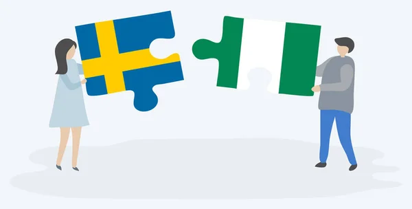 Ζευγάρι Που Κρατά Δύο Κομμάτια Παζλ Σουηδικές Και Νιγηριανές Σημαίες — Διανυσματικό Αρχείο