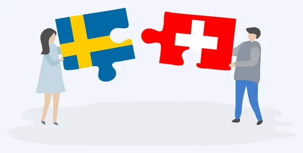 Couple Holding Two Puzzles Pieces Swedish Swiss Flags Sweden Switzerland — Stock Vector