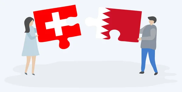 Par Som Innehar Två Pusselbitar Med Schweiziska Och Bahraini Flaggor — Stock vektor