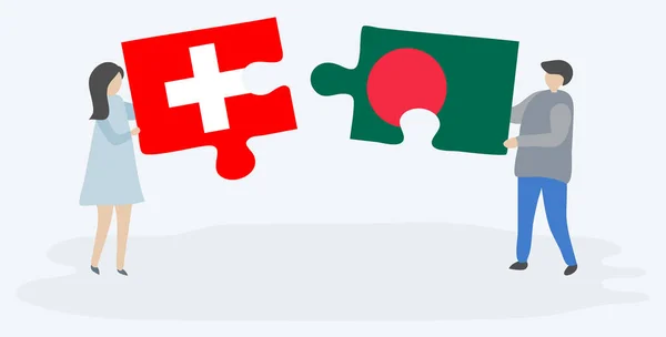 Dvojice Která Drží Dvě Skládanky Švýcarskými Bangladéšskými Vlajkami Švýcarsko Bangladéš — Stockový vektor