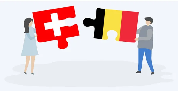 Casal Segurando Dois Quebra Cabeças Peças Com Bandeiras Suíças Belgas — Vetor de Stock