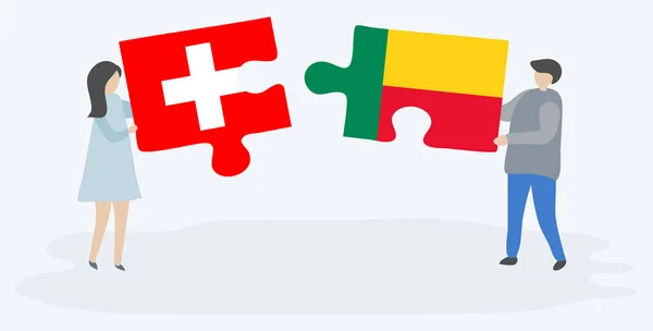 Pareja Sosteniendo Dos Piezas Rompecabezas Con Banderas Suizas Beninesas Suiza — Archivo Imágenes Vectoriales