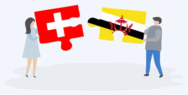 一对夫妇拿着两块拼图 上面挂着瑞士和文莱国旗 瑞士和文莱国家符号在一起 — 图库矢量图片