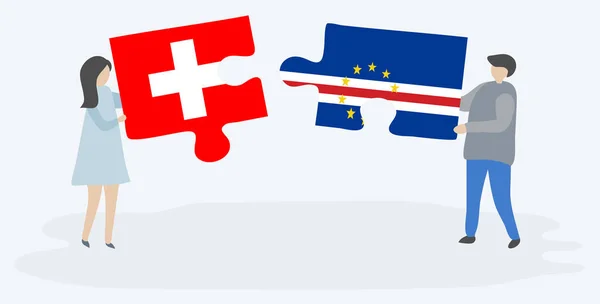 Paar Houden Twee Puzzels Stukken Met Zwitserse Cabo Verdean Vlaggen — Stockvector