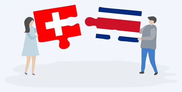 Casal Segurando Duas Peças Quebra Cabeças Com Bandeiras Suíças Costa — Vetor de Stock