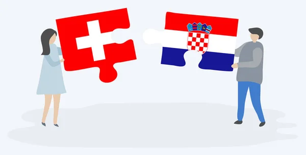 Casal Segurando Duas Peças Quebra Cabeças Com Bandeiras Suíças Croatas — Vetor de Stock